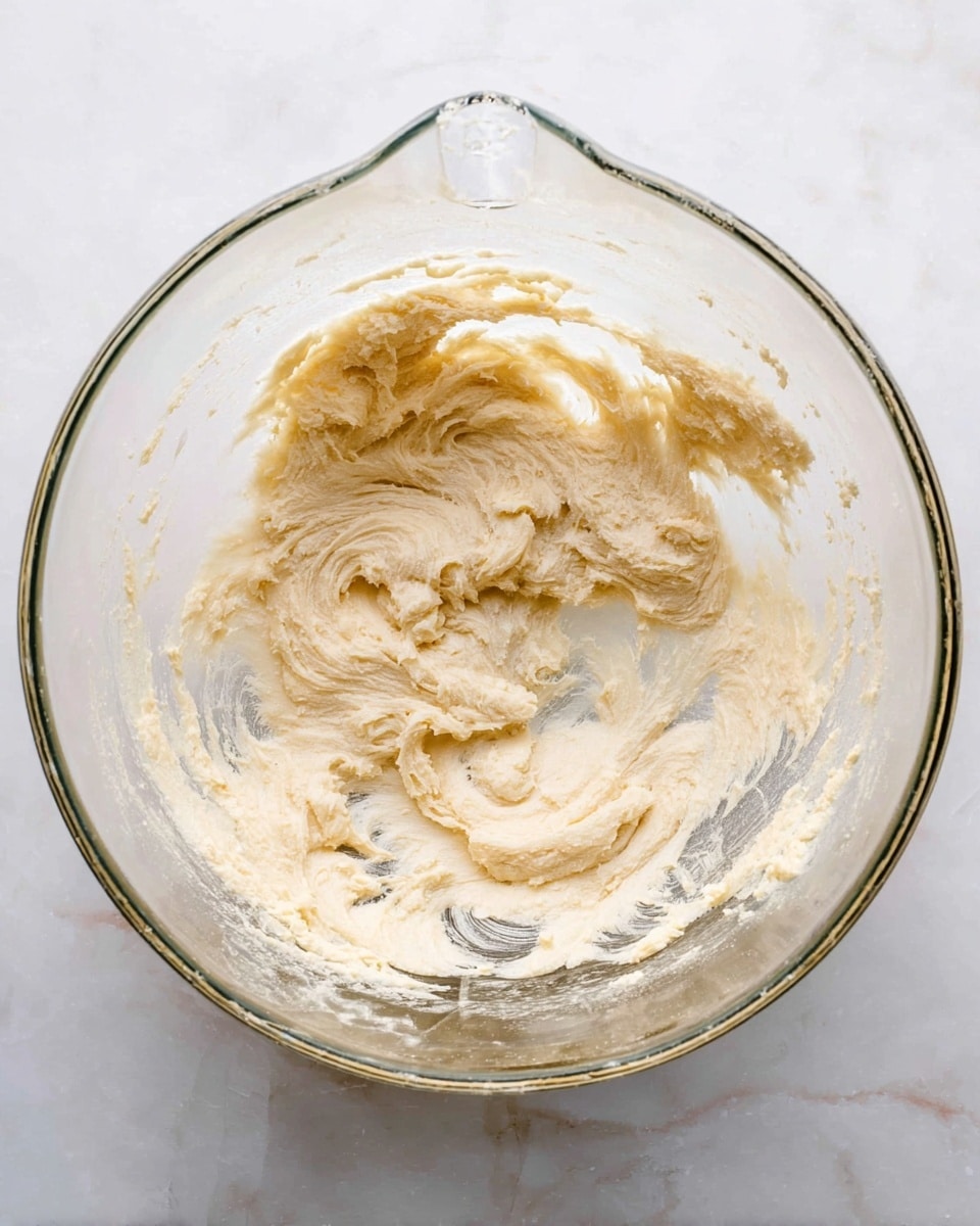 A clear glass bowl sits on a white marbled surface, holding a mixture with a soft, creamy texture and light beige color. The mix is thick and fluffy, with visible swirls from stirring, showing a slightly uneven, airy consistency inside the bowl. The bowl has a small spout at the top, and the lighting highlights the smoothness and slight gloss of the mixture inside. photo taken with an iphone --ar 4:5 --v 7