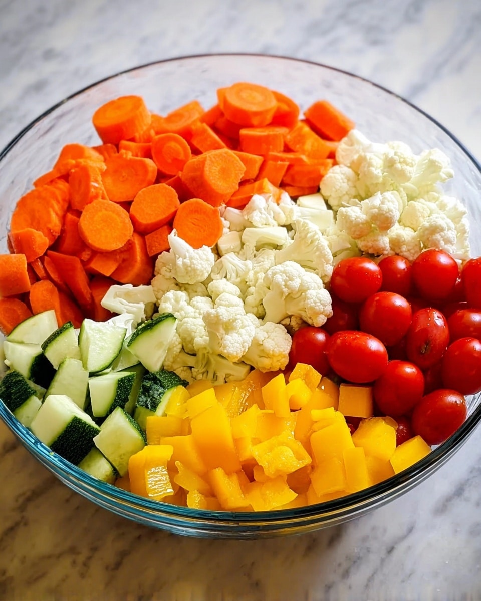 A large clear bowl holds five distinct layers of fresh vegetables arranged side by side. From left to right, there are thick slices of orange carrots, bright red round cherry tomatoes, white cauliflower florets in the center, diced green cucumber pieces, and chunky yellow bell pepper cubes on the right. The bowl sits on a white marbled surface. The photo was taken with an iphone --ar 4:5 --v 7