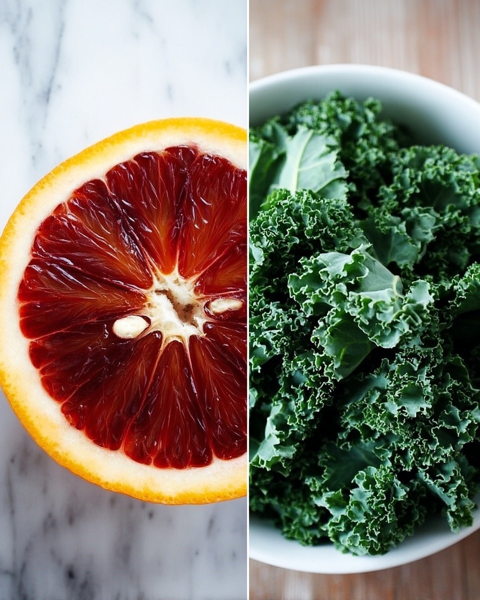 The image shows two separate close-up shots side by side. On the left is a half of a blood orange with a thick yellow-orange rind and deep red juicy segments inside, placed on a white marbled surface. The glossy texture of the fruit's flesh catches the light, showing some seeds near the center. On the right is a white bowl filled with fresh kale leaves that are ruffled and dark green with lighter green stems, also placed on a white marbled surface. The texture of the kale leaves looks crisp and curly. photo taken with an iphone --ar 4:5 --v 7