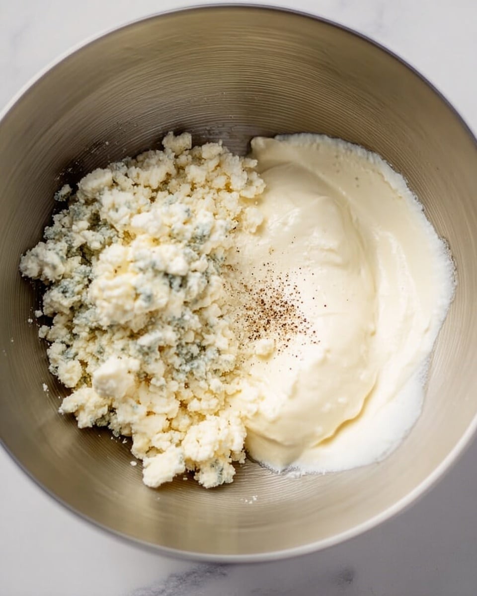 A close-up image of a silver metal mixing bowl placed on a white marbled surface, showing two main layers inside: on the left side, there is a pile of crumbly, off-white with blue-green patches cheese, and on the right side, a smooth, thick layer of white mayonnaise with a small sprinkle of freshly ground black pepper on top; the bowl's interior has a reflective texture that catches the light softly. photo taken with an iphone --ar 4:5 --v 7