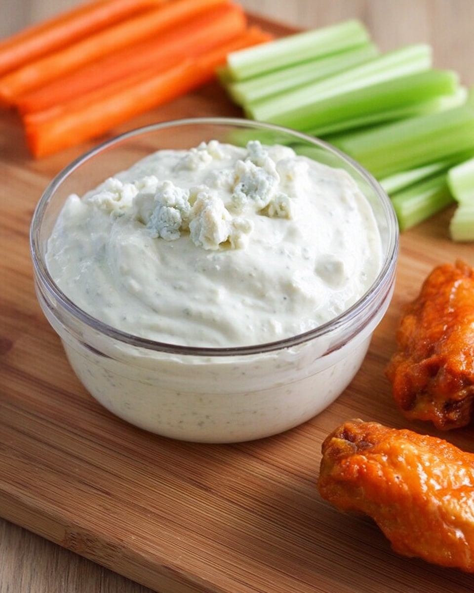 The image shows a clear glass bowl filled with creamy white dip that has small chunks visible inside. The bowl is placed on a wooden board. To the left in the background, there are small bright orange carrot sticks, and to the right behind the bowl, there are fresh green celery sticks arranged in bundles. On the right side of the wooden board, there are two orange chicken wings with a slightly shiny texture. The scene is clean and simple. photo taken with an iphone --ar 4:5 --v 7