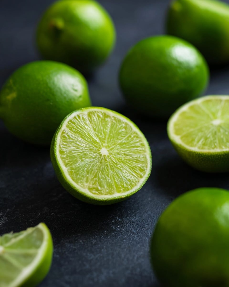 Several bright green limes are scattered on a dark surface that looks smooth. One lime is cut in half and placed in the front center, showing its juicy, shiny green inside with clear segments and a white core. Around it, there are whole limes with a slightly rough, shiny peel. In the background, two more halves of limes are out of focus, adding depth. The lighting is soft, highlighting the fresh texture of the fruit and casting gentle shadows. photo taken with an iphone --ar 4:5 --v 7