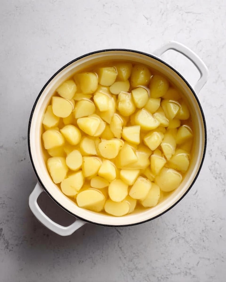 A white pot filled with many small pieces of peeled potatoes covered in water, placed on a white marbled surface. The potatoes are light yellow and the water is clear, slightly reflecting light on top. The pot has two handles on each side and a black rim around its edge. photo taken with an iphone --ar 4:5 --v 7
