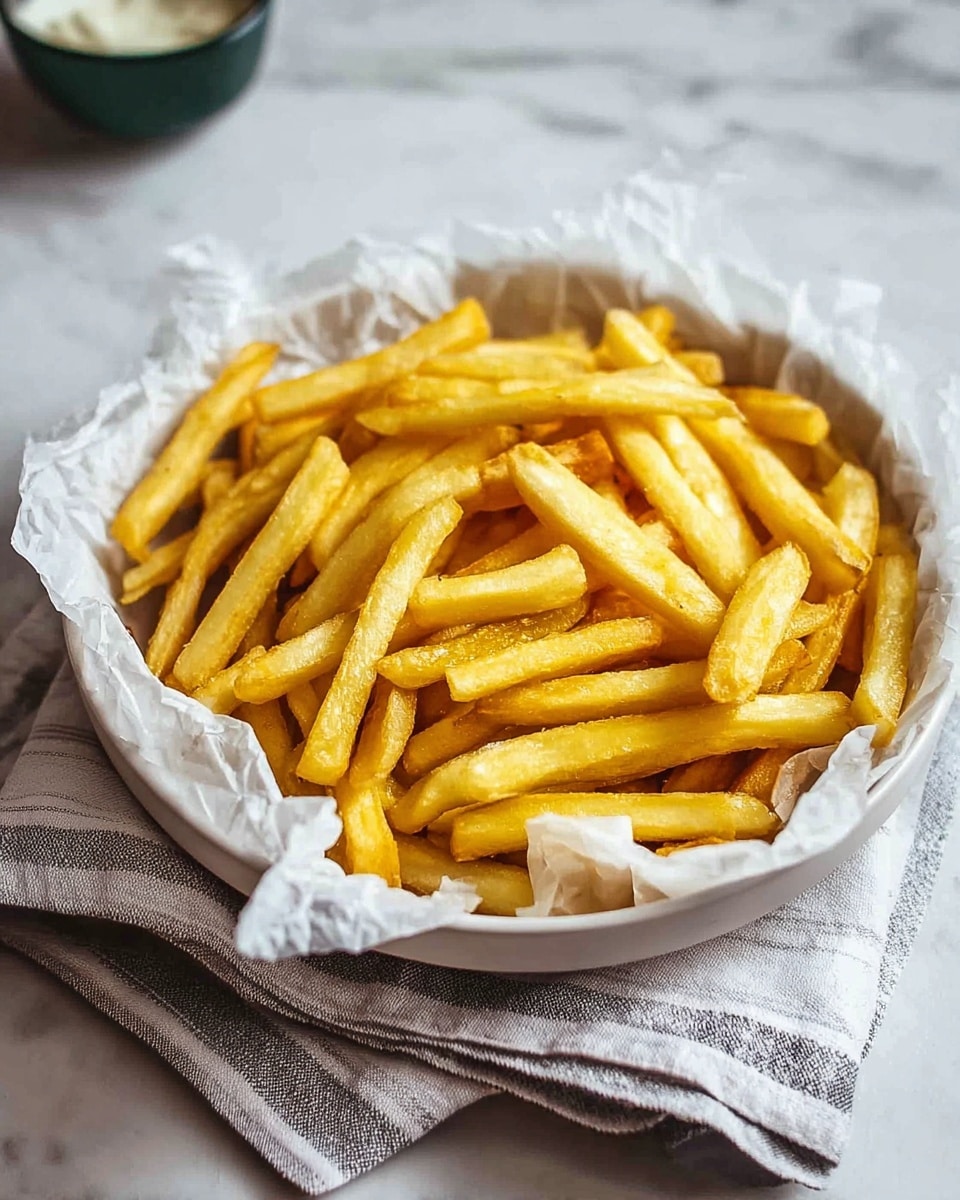 A round white bowl filled with a layer of crumpled white parchment paper holding a pile of golden yellow French fries. The fries vary in length and are evenly cooked, showing a crispy texture with some slightly darker edges. The bowl rests on a white marbled surface with a folded light gray cloth featuring black patterns next to it. In the top left corner, there is a blurred dark green bowl containing a white sauce. Photo taken with an iphone --ar 4:5 --v 7