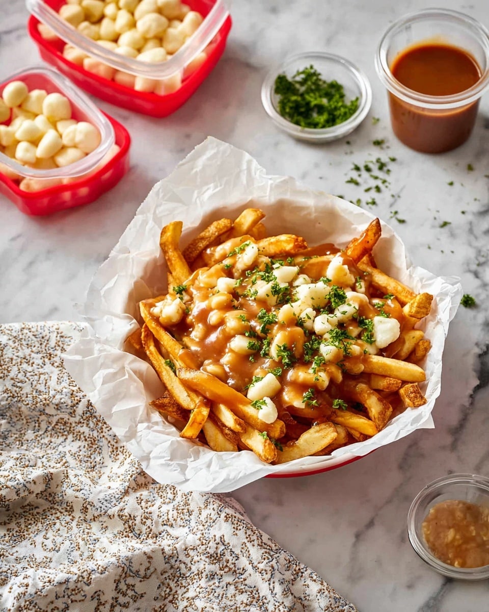 A serving of poutine is shown in a white bowl lined with white parchment paper, placed on a white marbled surface with a light-colored patterned cloth next to it. The dish has three main layers: the base layer is golden-brown French fries, on top are small, white cheese curds scattered evenly, and over everything is light brown gravy drizzled generously. Small green parsley leaves are sprinkled on top for color. In the background, there are transparent containers with red lids holding extra cheese curds, more gravy, and another meal. Photo taken with an iphone --ar 4:5 --v 7
