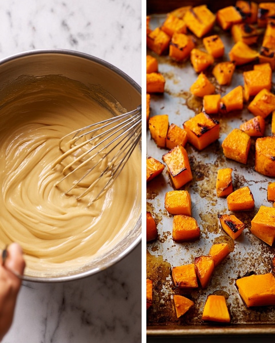 The left side shows a close-up of a metal bowl with smooth, creamy beige batter being mixed by a woman's hand holding a whisk. The batter has a thick, even texture with visible swirls from the whisk. The right side displays an oven tray with roasted orange pumpkin chunks spread out in different sizes and shapes; some pieces have dark browned edges, giving a slightly charred look. The metal tray shows spots of oil reflecting the light. Both images feature a white marbled texture background. photo taken with an iphone --ar 4:5 --v 7