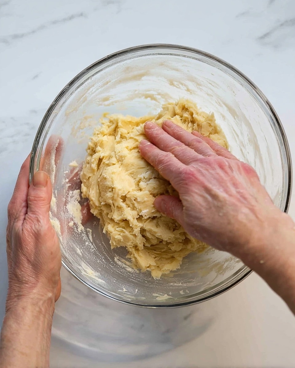A clear glass bowl holds a pale yellow dough with a slightly sticky and rough texture, partly clumping together in the center. A woman's hand is pressing down on the dough, with fingers slightly spread and the skin showing natural wrinkles. The bowl is being held steady by another hand on the left side, both hands close to the bowl's edges. The background is a white marbled surface, clean and bright, providing contrast to the dough and hands. photo taken with an iphone --ar 4:5 --v 7