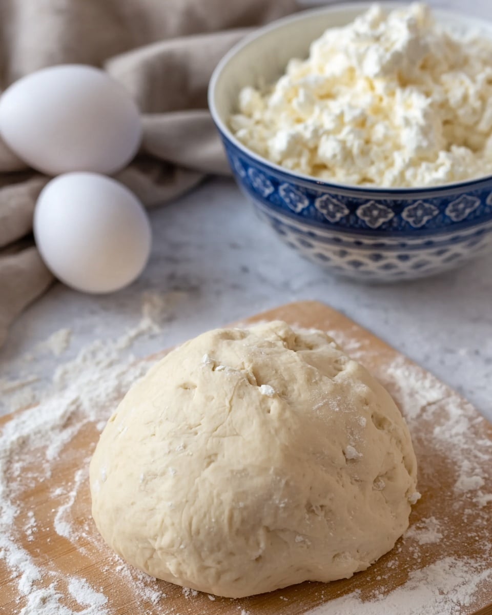 A close-up view of a light beige dough ball with a soft, slightly sticky texture resting on a board dusted with white flour. Behind it, a white bowl with blue patterns holds a fluffy, white curd with small lumps. Two white eggs sit next to the bowl on a beige cloth, all placed on a white marbled surface. photo taken with an iphone --ar 4:5 --v 7