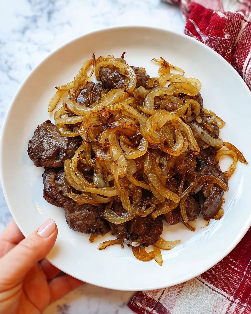 The image shows a white round plate with a layer of cooked dark brown to almost black liver pieces forming the base. On top, there is a thick layer of thinly sliced golden to light brown caramelized onions with some edges darker and crunchy. The liver pieces have a slightly shiny, moist texture, and the onions have a soft, slightly translucent look. A woman's hand is holding the plate from the left side, and the background is a white marbled surface with a red and white checkered cloth on the right side. photo taken with an iphone --ar 4:5 --v 7