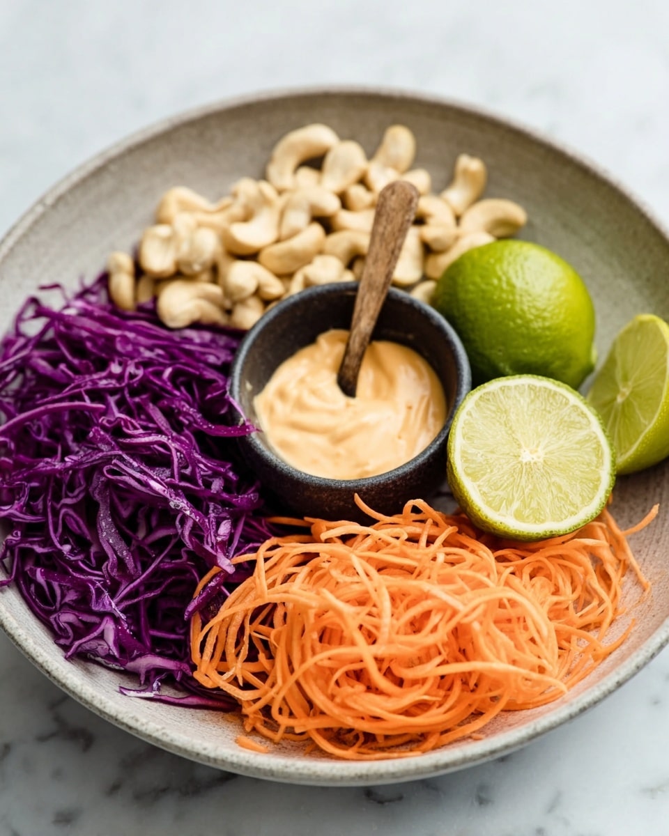 A bowl on a white marbled surface holds four sections: the bottom left has bright purple shredded cabbage, the top right shows a large pile of thin, orange shredded carrots, and the top left is filled with light beige cashew nuts. Near the center, a halved lime shows its bright green and juicy inside, while another whole lime, also bright green, sits beside it. In the center, a small black bowl contains a creamy, light orange sauce with a small wooden spoon resting in it. The bowl itself is light gray and textured, and the photo is taken with an iphone --ar 4:5 --v 7