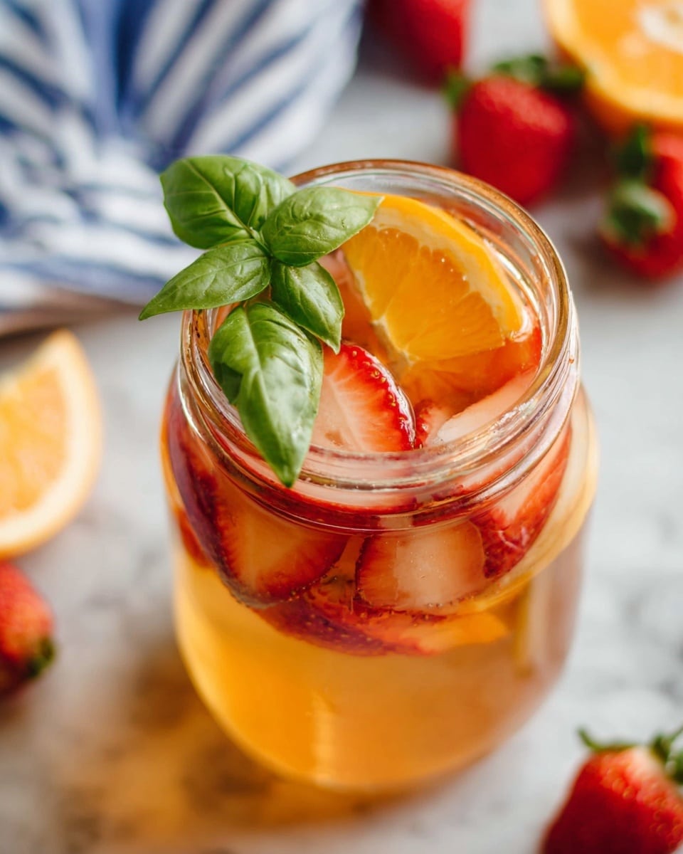A clear glass jar filled with a light orange liquid, containing visible slices of fresh strawberries at the top floating inside, along with thin orange peel strips. On the rim of the jar sits a fresh green basil sprig and a half orange slice, with soft light reflecting off the smooth glass surface. The jar is placed on a white marbled surface with a blurred background showing a blue and white striped fabric and whole fresh strawberries scattered nearby. photo taken with an iphone --ar 4:5 --v 7