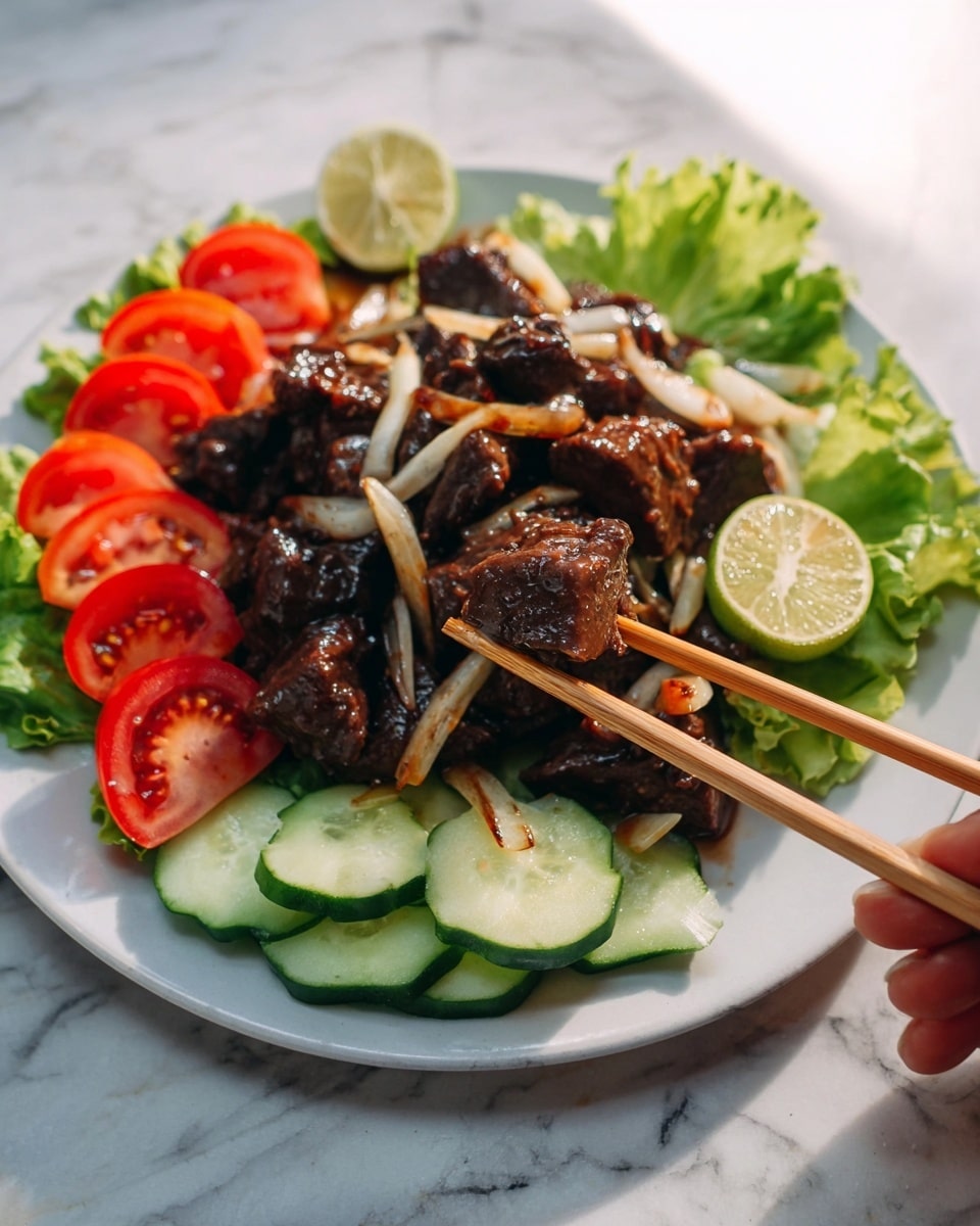 The image shows a white plate filled with a beef stir-fry dish on a round white marbled surface. The dish has four main layers: at the bottom, fresh green lettuce leaves spread around the plate edge; next, slices of bright red tomatoes and slightly darker green cucumber wedges form a colorful bed. On top of the vegetables, there is a large pile of dark, shiny beef chunks mixed with soft, cooked white onion pieces. Two wooden chopsticks, held by a woman's hand, pick up one juicy beef cube near a lime wedge placed on the plate. The whole scene looks fresh and warm with natural light. Photo taken with an iphone --ar 4:5 --v 7