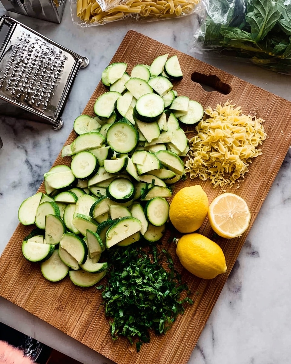 A wooden cutting board on a white marbled surface holds several fresh ingredients arranged neatly. On the left side of the board, there are many slices of green zucchini, cut into semi-circles. Near the center, there is a small pile of chopped green herbs, likely basil or parsley. To the right, there are two halves of a bright yellow lemon and a small pile of lemon zest. In the background, there is a clear plastic bag of uncooked pasta, a shiny metal grater, and some green leafy vegetables in a plastic bag. A woman's hand is slightly visible at the bottom left corner, touching the edge of the board. The overall scene looks like a fresh cooking prep setup. photo taken with an iphone --ar 4:5 --v 7