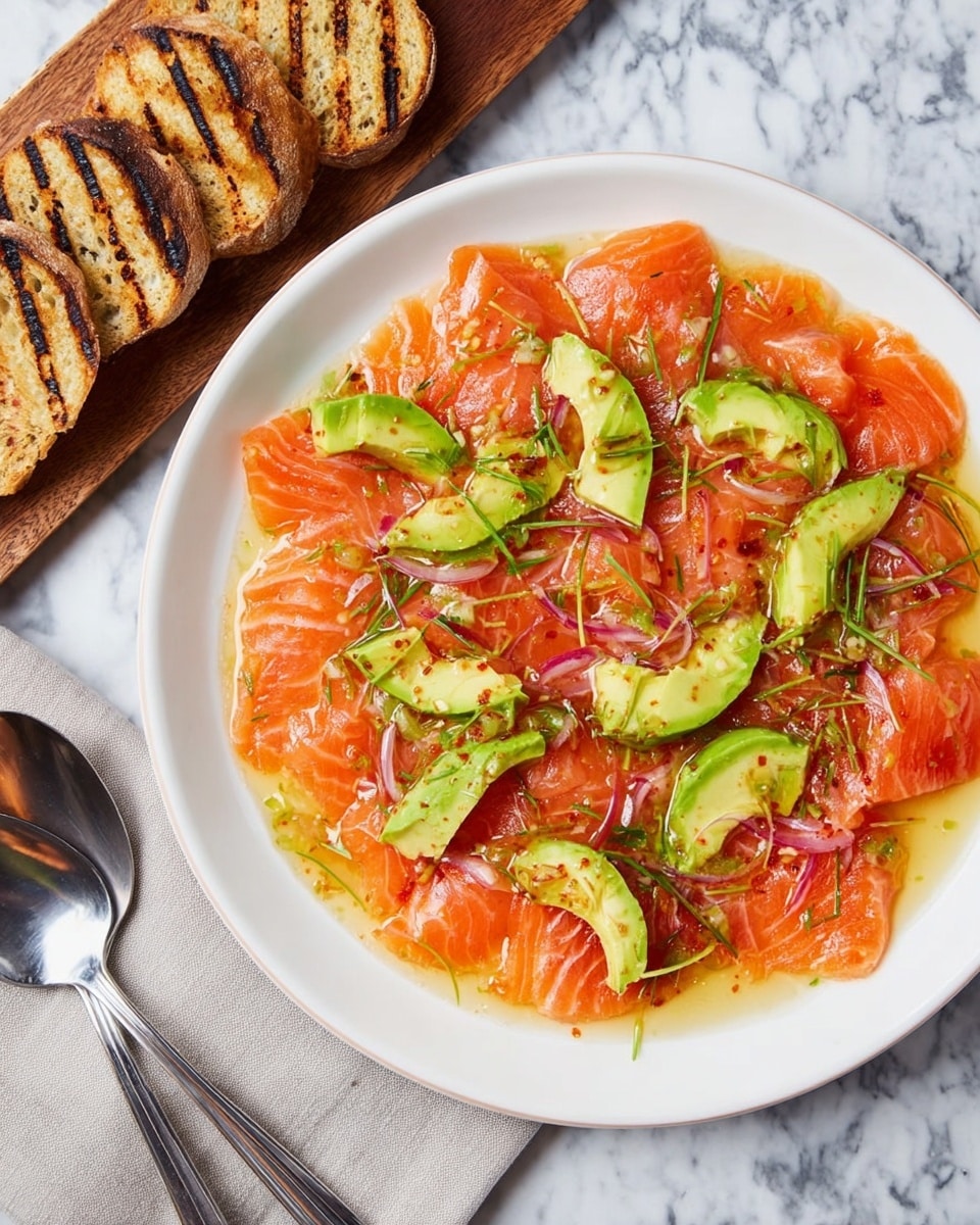 A white round plate holds thin slices of bright orange salmon laid out flat in overlapping layers across the plate. Between the salmon slices are vibrant green slices of avocado, arranged evenly. Finely chopped red onion and thin green herb strips are sprinkled lightly over the top, with a light brown oily sauce drizzled over everything giving a shiny look. The plate sits on a white marbled surface next to a wooden board holding grilled slices of bread with dark grill marks. A fork and spoon rest near the plate. Photo taken with an iphone --ar 4:5 --v 7