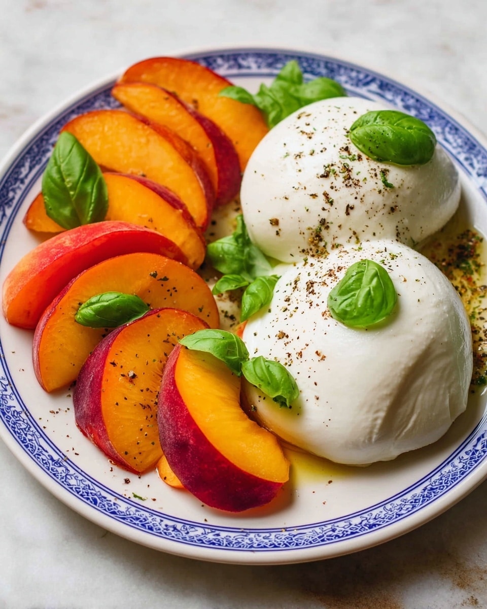 A white plate with a blue rim holds two big white smooth mozzarella balls on the right, sprinkled with black pepper and topped with small green basil leaves. On the left, there is a neat row of thin, curved slices of orange and red peaches, also dusted lightly with pepper and salt, and decorated with more fresh green basil leaves. The plate is set on a white marbled surface, creating a fresh and clean feel. photo taken with an iphone --ar 4:5 --v 7