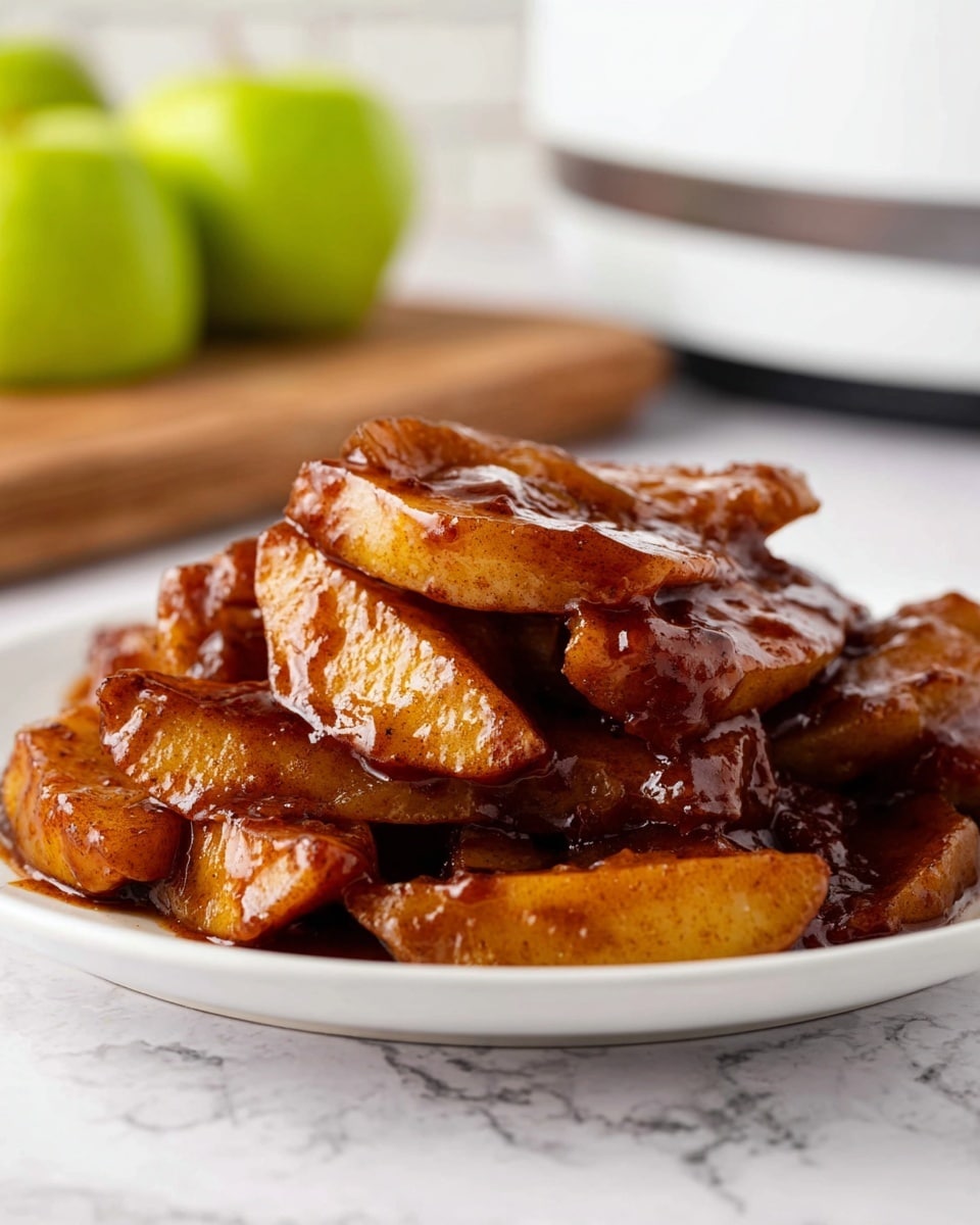 A close-up view of a white plate stacked with two layers of thick apple slices that are cooked and coated in a shiny, dark cinnamon sauce. The apple slices are golden brown with some caramelized edges and a glossy texture from the sauce. In the background are blurred halves of a green apple on a wooden cutting board, and a white appliance with a gray stripe, all set on a white marbled textured surface. photo taken with an iphone --ar 4:5 --v 7