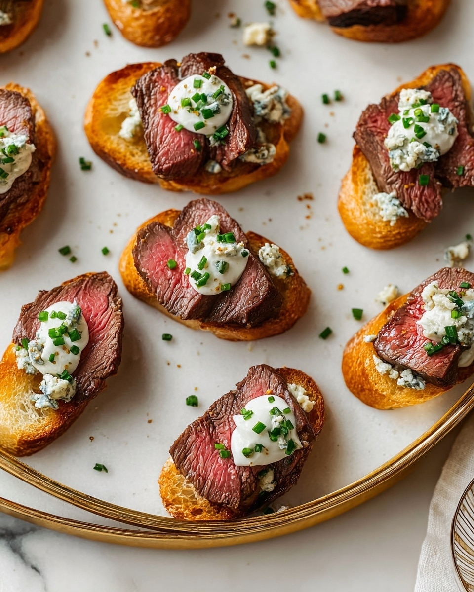 The image shows several small toasted bread slices arranged on a white marbled textured surface inside a round plate with a golden rim. Each bread slice has three visible layers: a bottom layer of blue cheese with crumbly texture in light blue and white tones, a middle layer of medium-rare steak slice with a brown crust and pink center, and a top layer of white creamy dollop garnished with small bright green chopped chives. The bread is golden brown and crispy, and the arrangement is neat with the toasts evenly spaced. Photo taken with an iphone --ar 4:5 --v 7
