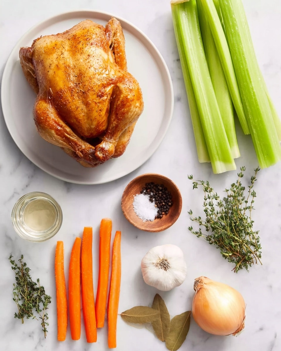 A whole cooked chicken with golden crispy skin sits on a white plate in the top left corner. To the right of the chicken are three long celery stalks with fresh green color. On the left side, there are four bright orange carrots lined up vertically. Below the chicken and celery, a small white bowl holds black peppercorns, and nearby is a small wooden bowl filled with salt. There are also two sprigs of fresh thyme, a whole garlic bulb, a peeled yellow onion, a clear glass with some liquid, and a single dried bay leaf arranged neatly on the white marbled surface. photo taken with an iphone --ar 4:5 --v 7
