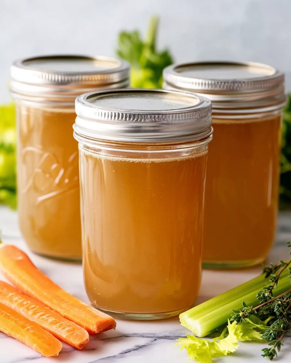 The image shows three clear glass jars filled with light brown broth, each topped with a metal lid. The jars are set on a white marbled surface, lined up from front to back. In front of the jars, on the white marbled surface, sit fresh vegetables including bright orange carrot sticks, green celery sticks, and some green leafy herbs. The broth inside the jars looks smooth and slightly shiny. The background has a soft focus, emphasizing the jars and vegetables. photo taken with an iphone --ar 4:5 --v 7