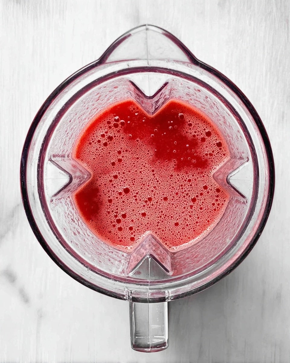 A clear blender jar is shown from the top view, filled with a red liquid that has a frothy texture with small bubbles on the surface. The blender jar has a clear handle on the right side and stands on a white marbled surface with subtle gray veins. The liquid layers are uniform in color and texture, and the jar's clear plastic shows some reflections and light glints. Photo taken with an iphone --ar 4:5 --v 7