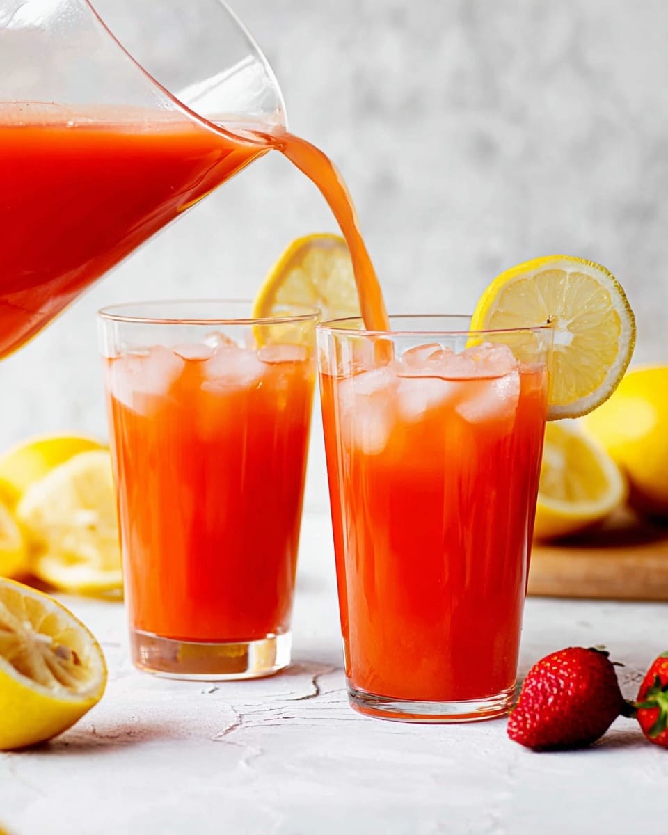 Two clear glasses filled with bright orange-red juice and ice cubes sit on a white marbled surface. Each glass has a thin lemon slice placed inside near the rim. The left glass is being filled with juice poured from a clear pitcher, showing the liquid mid-pour with a smooth texture. In the background, there are whole and halved yellow lemons on a wooden board, along with two fresh red strawberries resting on the surface near the front. The overall setting is bright and clean with a white textured background. photo taken with an iphone --ar 4:5 --v 7