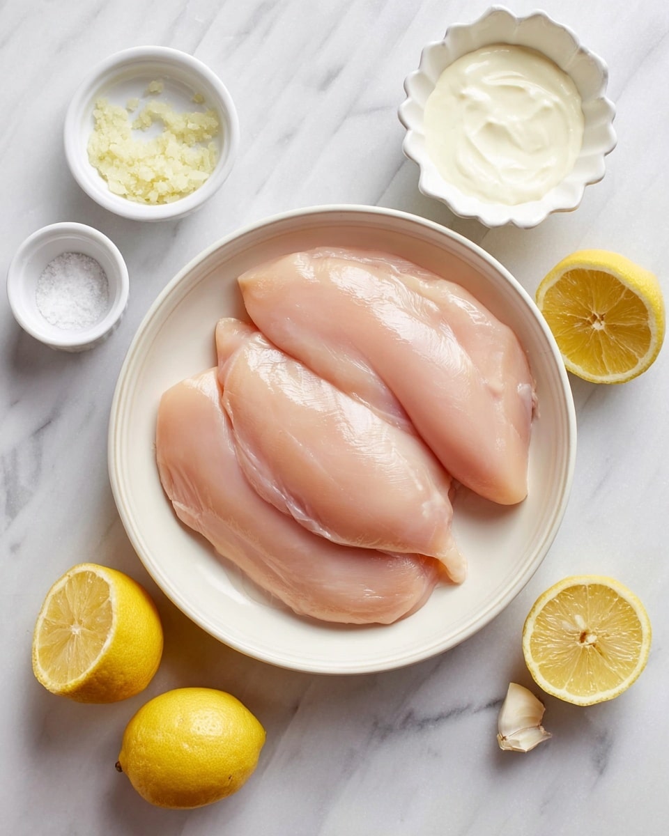 Three large raw chicken fillets lie flat in a white round bowl placed on a white marbled surface. Around the bowl, there are small white bowls with white salt and minced garlic. One white scalloped bowl contains creamy white sauce. Next to these, a full lemon and two lemon halves reveal the bright yellow citrus color. The overall colors are soft pale pink from the chicken and bright yellow from the lemons, with white bowls and marble giving a clean look. Photo taken with an iphone --ar 4:5 --v 7