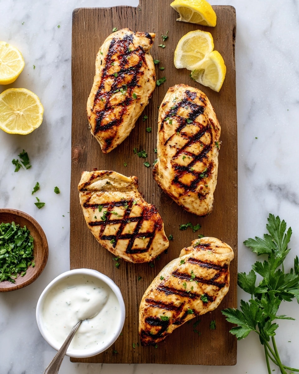 Four pieces of grilled chicken are arranged on a wooden cutting board. Each piece shows dark brown grill marks in a crisscross pattern on the golden brown surface of the chicken. Near the top right corner of the board are two lemon wedges and a sprig of fresh green parsley. Towards the bottom left corner is a small white bowl filled with thick white sauce with a spoon in it, next to a lemon wedge and some chopped green herbs. The background is a white marbled texture. photo taken with an iphone --ar 4:5 --v 7