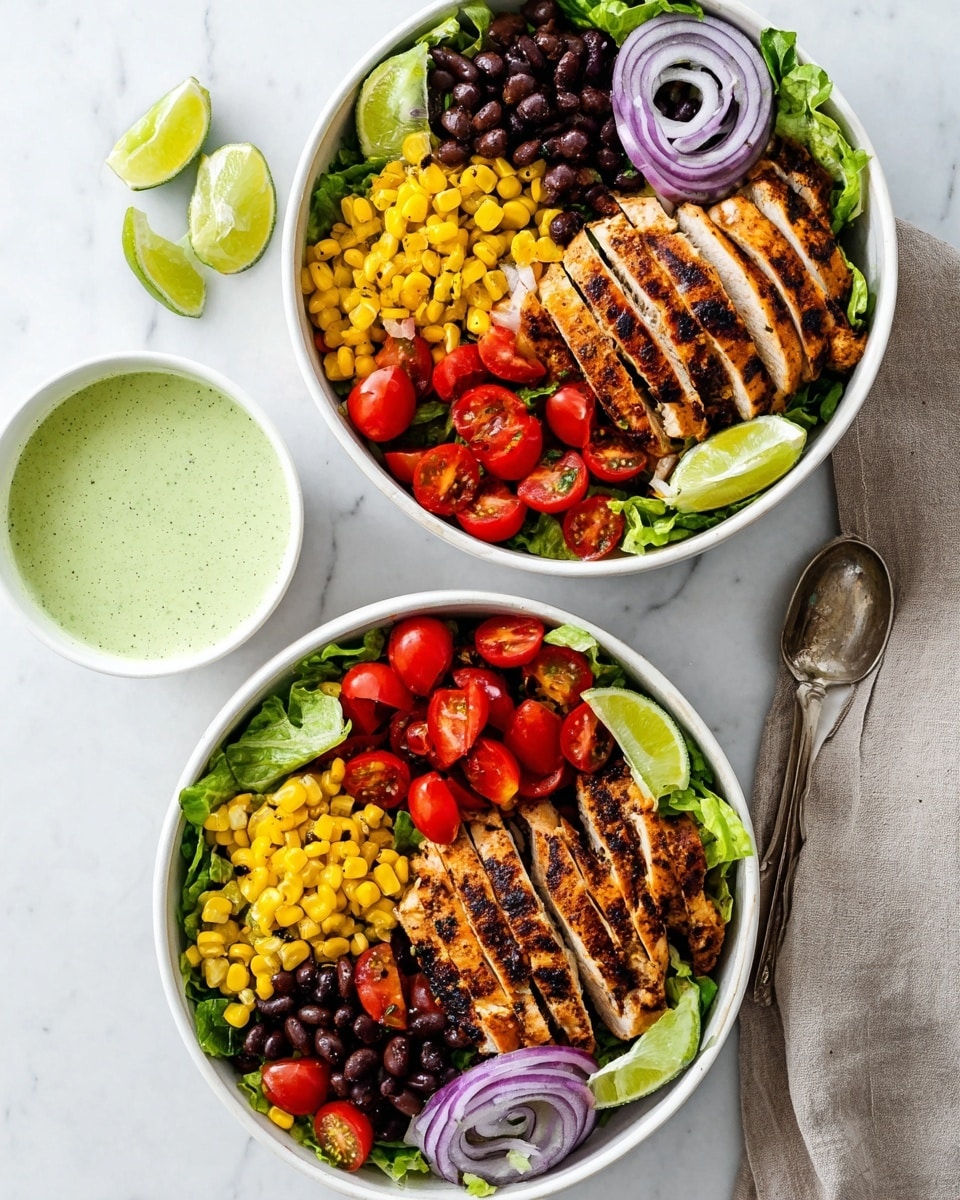 Two white bowls sit on a white marbled surface, each filled with a colorful salad. Each bowl has four main layers: a base of bright green lettuce leaves, a section of sliced red cherry tomatoes, a mix of yellow corn and black beans, and a side of sliced grilled chicken with a charred, golden-brown surface. Thin purple onion rings and a wedge of lime rest next to the chicken in each bowl. Nearby, a small white bowl holds a pale green dressing with a silver spoon inside. Photo taken with an iphone --ar 4:5 --v 7