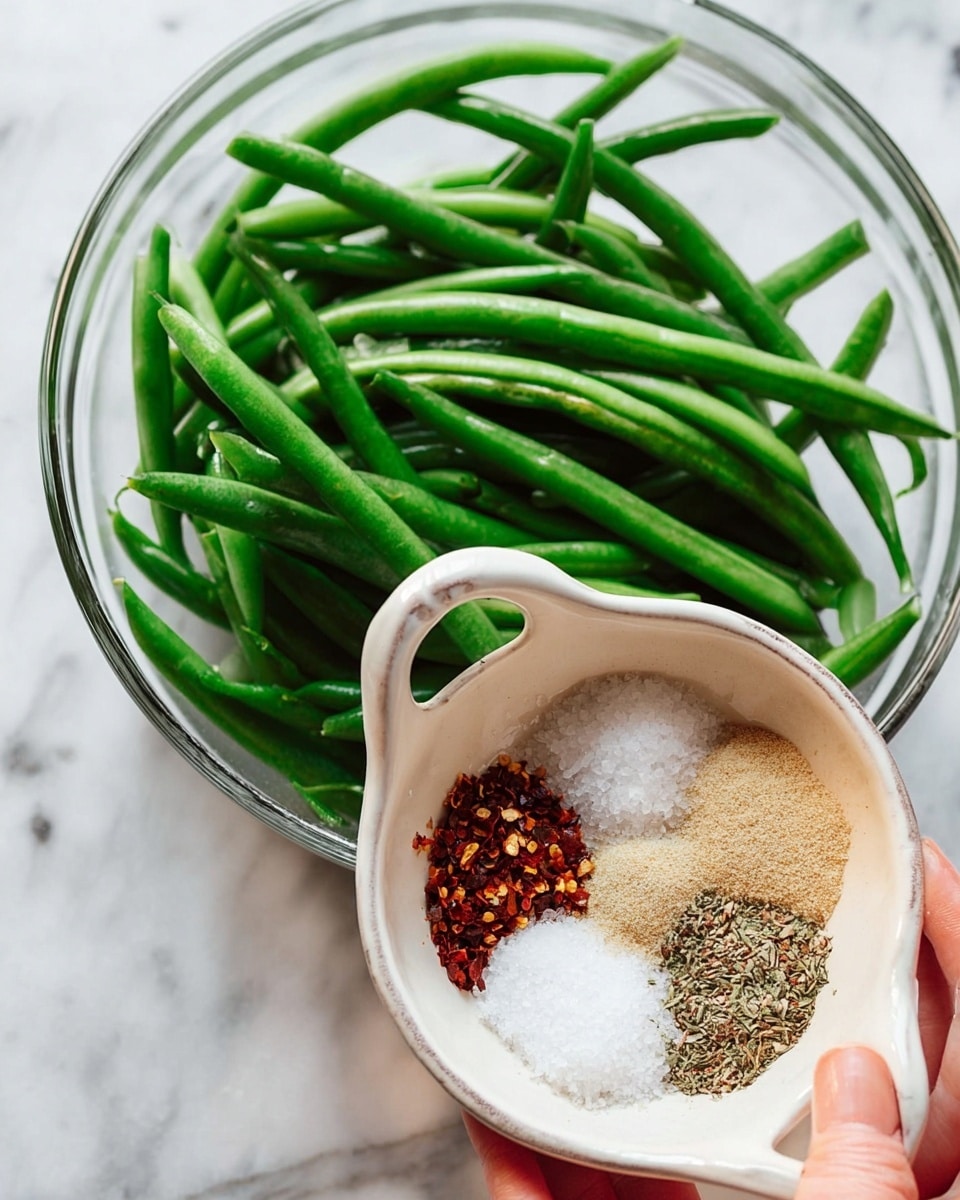 A clear glass bowl filled with fresh, bright green beans sits on a white marbled surface. In the foreground, a woman's hand holds a small white ceramic dish with two handles, filled with four different spices arranged in separate sections: coarse white salt, a mix of red chili flakes and black pepper, a beige powder, and a light brown powder. The close-up image highlights the texture of the spices and the smooth skin of the bright green beans. Photo taken with an iphone --ar 4:5 --v 7