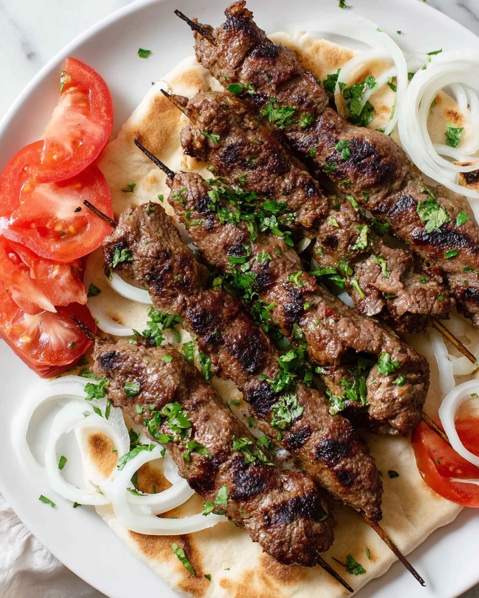 The image shows a white plate with several grilled meat skewers arranged on top of flatbread. The meat is brown with dark char marks and small pieces of green herbs sprinkled over it. On the left side of the plate, there are slices of fresh red tomato. Thin, white, curved slices of onion are scattered around the meat on the right and left edges of the plate. The background surface has a white marbled texture. Photo taken with an iphone --ar 4:5 --v 7
