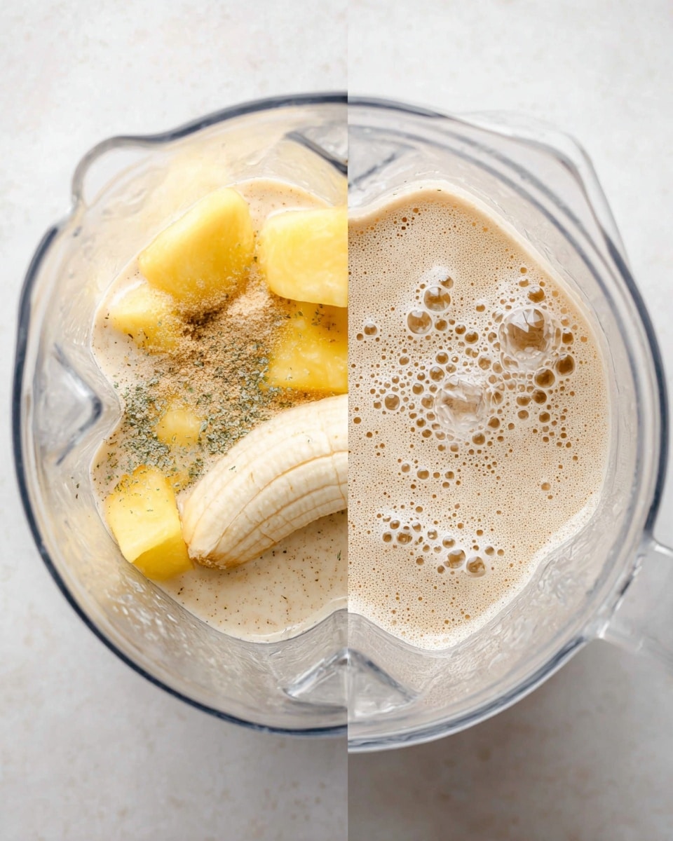 The image shows two close-up views inside a clear blender container placed on a white marbled surface. On the left, there are layers of smoothie ingredients: chunks of yellow mango, half a peeled banana piece in cream-colored liquid with small green flakes and light brown powder lightly spread on the surface. On the right is the blended smoothie, light beige in color with many small and medium bubbles on the surface, showing a creamy texture. The shape of the blender container is visible in both images. photo taken with an iphone --ar 4:5 --v 7