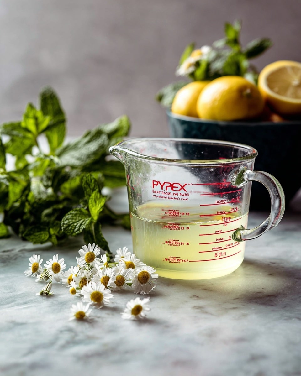 A clear glass measuring cup with red measurement markings holds a pale yellow liquid, filled to about one and a half cups, placed on a white marbled surface. In front of the cup are several small white daisy flowers scattered around, and to the left, there is a bunch of fresh mint leaves with a textured green appearance. In the background, slightly out of focus, sits a black bowl containing halved lemons and more mint leaves. The setting is bright with soft natural light, highlighting the colors and textures of the ingredients. Photo taken with an iphone --ar 4:5 --v 7
