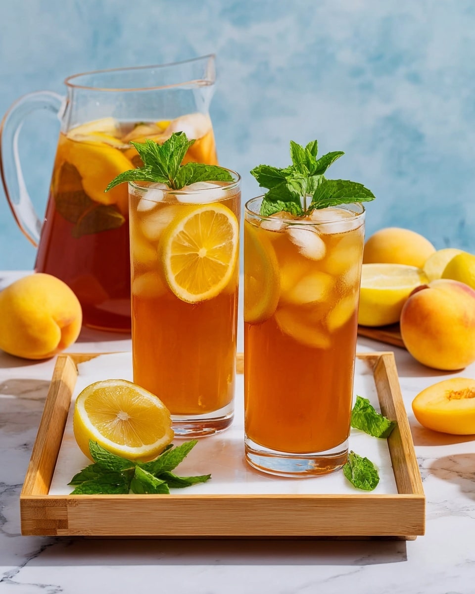 The image shows two tall clear glasses filled with light brown iced tea, each with ice cubes floating inside. Each glass has a yellow lemon slice and a green mint leaf on top. Behind the glasses, there is a large clear pitcher filled with the same iced tea, with lemon slices and mint leaves floating on top. The glasses and pitcher sit on a white tray with wooden edges, placed on a white marbled surface. Around the tray, there are whole yellow peaches and lemon wedges, along with extra mint leaves scattered near the front. The background is a light blue textured wall. photo taken with an iphone --ar 4:5 --v 7