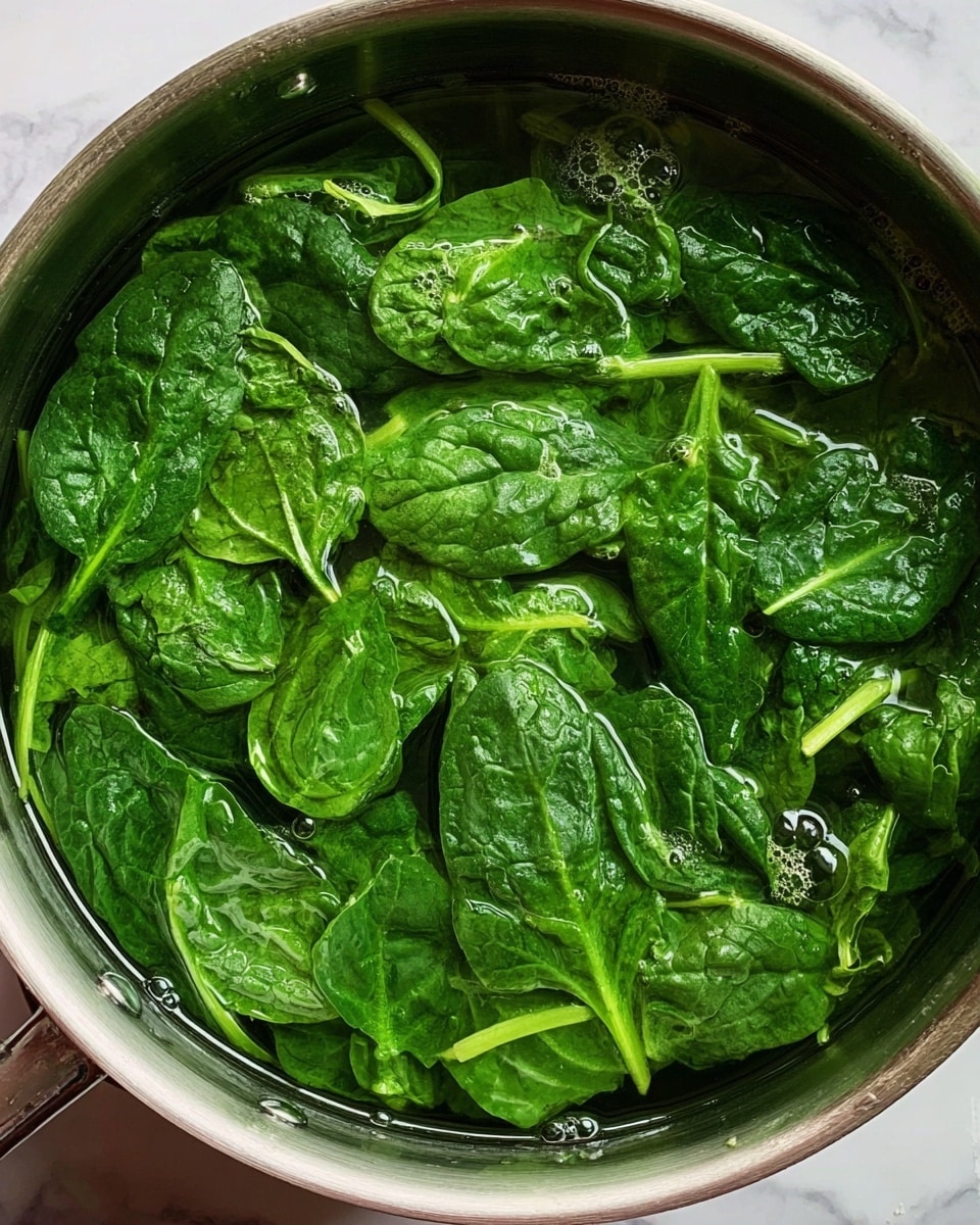 This image shows a pot filled with fresh spinach leaves soaking in water. The spinach leaves are bright green and slightly wrinkled, floating on the clear water. You can see the stems pale green and the water is shimmering with small bubbles near the edges of the pot. The pot is metal with a smooth rim. The background is a white marbled surface, making the green color of the spinach stand out clearly photo taken with an iphone --ar 4:5 --v 7