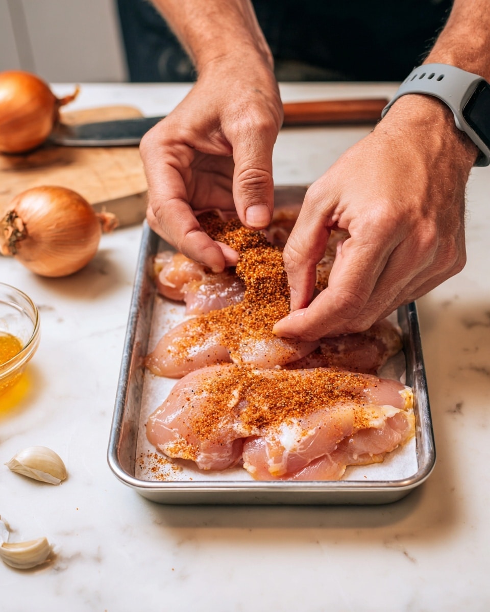 The image shows a close-up of a person's hands rubbing reddish-brown spice mix over a thin layer of raw light pink chicken placed neatly inside a metal tray. The tray holds several pieces of chicken layered evenly, each coated with the spice. The background features a white marbled surface with a whole brown onion, garlic cloves, a small bowl of reddish spice, and a small bowl of honey around the tray. The person's wrist has a gray band watch, and there is a knife on a cutting board blurred in the background. Photo taken with an iphone --ar 4:5 --v 7