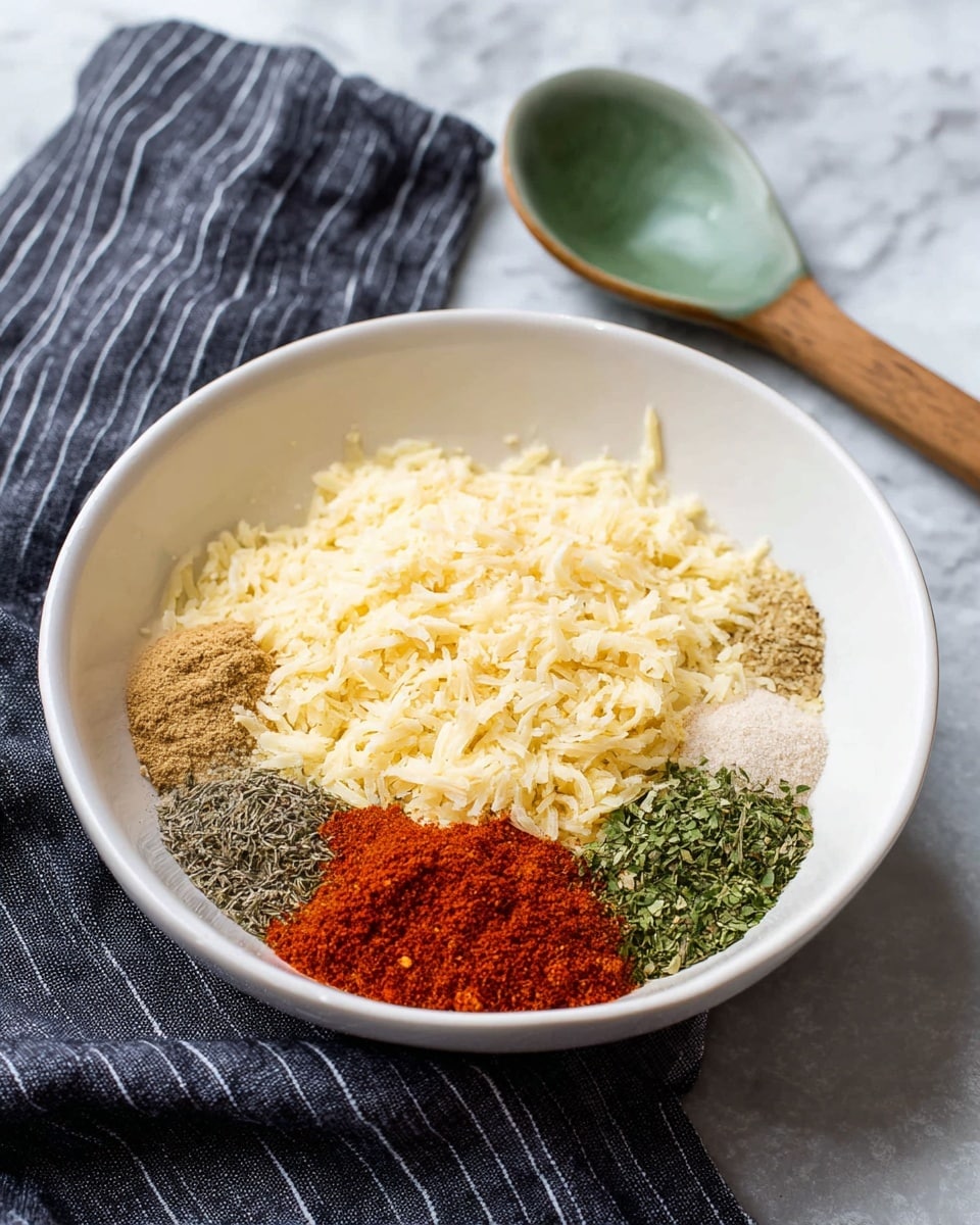 A white bowl contains several layers of ingredients arranged separately but close together. The biggest layer is pale yellow shredded material covering a large part of the bowl. Around its bottom edge and to the side, there are small piles of different spices and herbs: on the left a light brown powder, next to it a dark grayish powder, then a bright red powder and finally, on the right side, two piles of green herbs and a light beige powder. Behind the bowl, a dark gray cloth with white stripes is spread out, and there is a green spoon resting on it. The whole scene is set on a white marbled surface. photo taken with an iphone --ar 4:5 --v 7