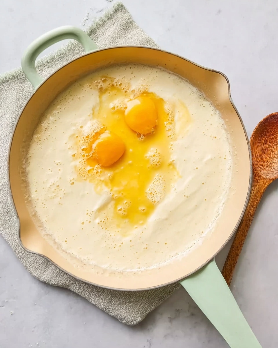 A round pan with a light green handle sits on a folded cloth on a white marbled surface. Inside the pan, there is a creamy white batter with two bright yellow egg yolks floating on top in the center, slightly mixed with some air bubbles around. The texture of the batter is smooth and thick. A wooden spoon rests on the right edge of the pan. The overall colors are soft with a mix of pale cream, yellow, and light green. photo taken with an iphone --ar 4:5 --v 7