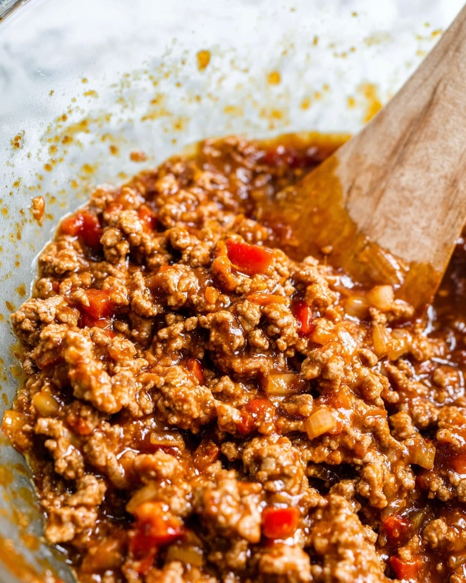 A close-up of cooked ground meat mixed with small pieces of diced onion and red bell pepper, all coated in a glossy, rich brown sauce with visible texture and slight oil shine. The mixture sits inside a round glass bowl with speckled golden accents along the upper inner edge. A wooden spoon with a smooth, curved handle is partially visible on the right side, immersed in the mixture. The background shows a white marbled texture. photo taken with an iphone --ar 4:5 --v 7