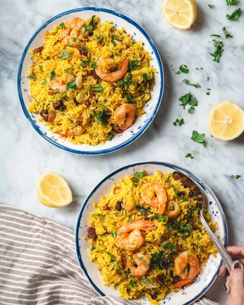 The image shows two white plates with blue rims filled with bright yellow rice mixed with pieces of meat and three orange shrimp on each plate. The rice looks fluffy with a mix of green fresh herbs sprinkled on top. Both plates rest on a white marbled surface, with one plate placed slightly higher and a woman's hand holding a spoon over it. To the side, there are three lemon wedges and some scattered green herbs. A beige and gray striped cloth napkin lies underneath the plates. The overall look is fresh and vibrant, with the colors of the food standing out clearly. photo taken with an iphone --ar 4:5 --v 7
