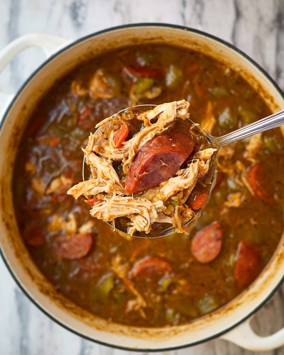 A close-up view of a large white pot filled with a thick brown stew containing shredded chicken, slices of reddish sausage, and small green pieces, likely vegetables, all mixed in a rich broth. The stew looks hearty and dense, with visible textures from the shredded chicken and the smooth, shiny sausage slices. A metal spoon holds a large scoop of the stew above the pot, showing the layers of meat and vegetables clearly. The background is a white marbled surface, giving a clean and simple look. Photo taken with an iphone --ar 4:5 --v 7
