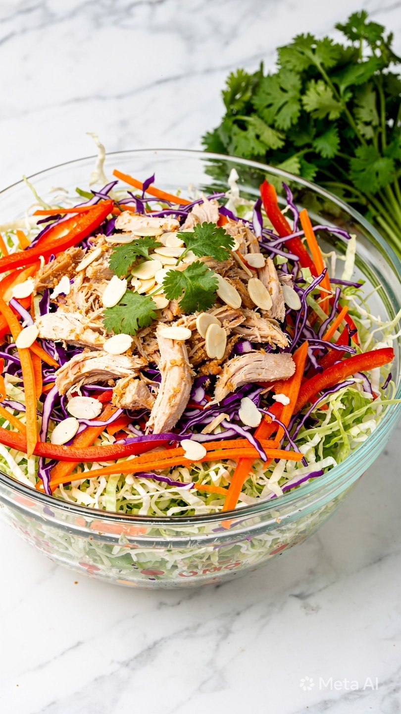 A clear glass bowl filled with a colorful salad that has many thin layers: shredded light green cabbage, bright orange carrot strips, purple cabbage, thin red bell pepper slices, and small green herb leaves scattered on top. Small pieces of light brown chicken and almond slices are mixed in. Wooden chopsticks are held by a woman's hand, lifting some salad from the bowl. The bowl sits on a white marbled surface with a soft cloth underneath. photo taken with an iphone --ar 4:5 --v 7