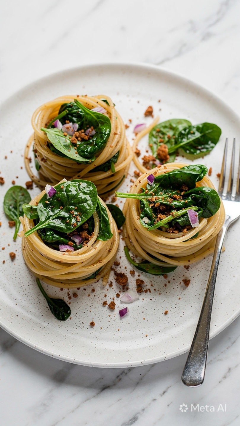 Three small nests of thin spaghetti with green spinach leaves mixed in and sprinkled with small bits of purple onion and brown crumbs sit closely together on a white speckled plate. A silver fork rests on the right side of the plate, all placed on a white marbled surface. The light highlights the glossy texture of the pasta and fresh spinach leaves, creating a simple and fresh look photo taken with an iphone --ar 4:5 --v 7