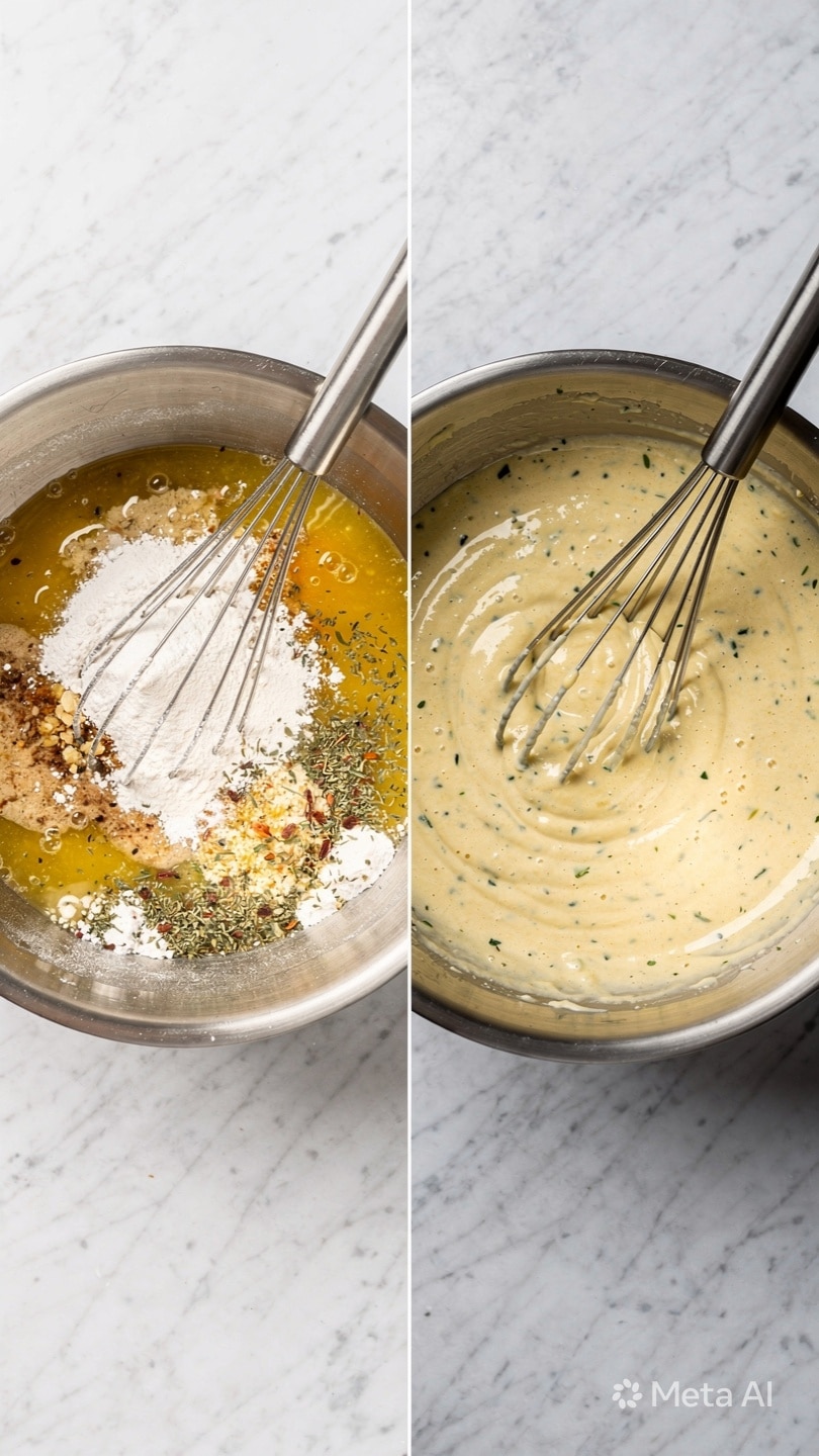 A side-by-side image shows two metal mixing bowls on a white marbled surface. The left bowl contains several layers of ingredients including a yellowish liquid, some white powder, and small bits of herbs, with a metal whisk resting inside. The right bowl holds a smooth, light yellow creamy mixture with small herb flecks, evenly mixed with the same metal whisk inside. photo taken with an iphone --ar 4:5 --v 7