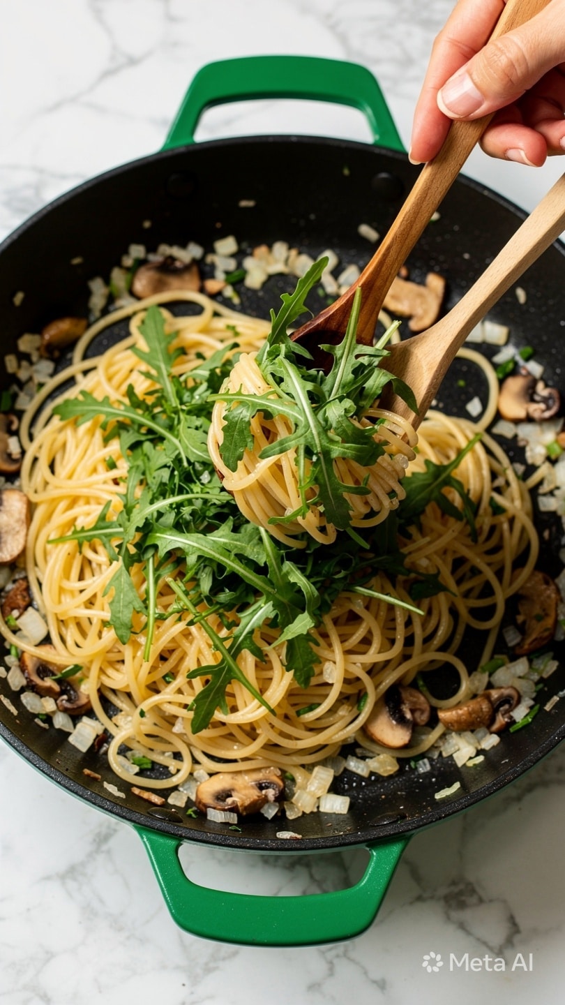 The image shows a close-up of a black pan with green handles filled with a pasta dish. The pasta layer is light yellow and thin, topped with bright green fresh arugula leaves. Mixed into the pasta are small bits of what looks like finely chopped onions and mushrooms, adding some texture and light brown and off-white colors around the edges. A woman's hand is using two wooden spoons to lift the pasta and arugula from the pan. The pan sits on a surface with a white marbled texture. photo taken with an iphone --ar 4:5 --v 7