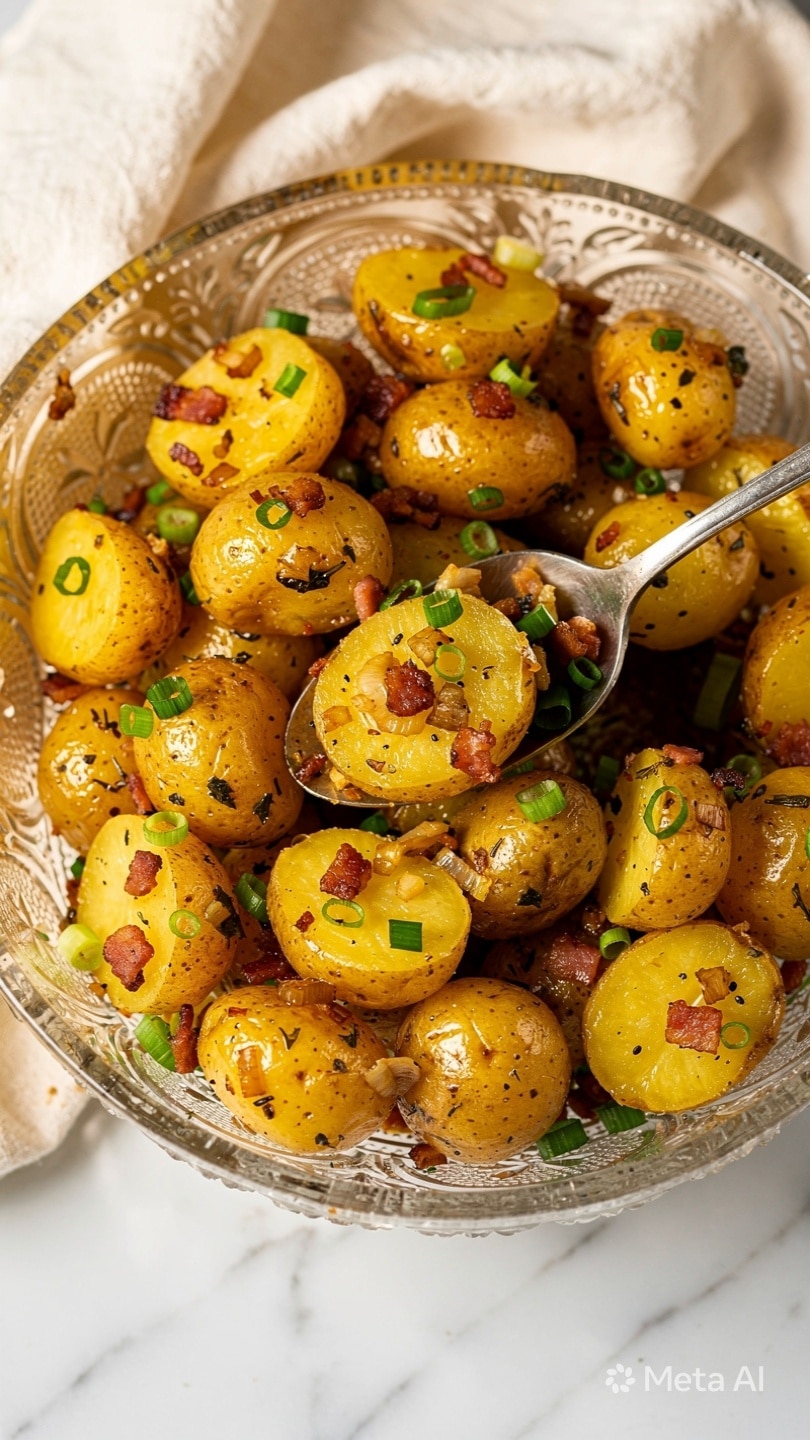 The image shows a clear, textured bowl filled with halved small yellow potatoes mixed with bits of crispy bacon and finely chopped green onions. The potatoes are coated with a shiny, slightly oily sauce that appears to be infused with small pieces of cooked onions and herbs. A silver spoon rests inside the bowl, with some potatoes scooped onto it. The bowl is placed on a white marbled surface with a cream cloth in the background. The overall look is warm and appetizing, with a focus on the golden yellow potatoes and the contrasting green onion bits. photo taken with an iphone --ar 4:5 --v 7