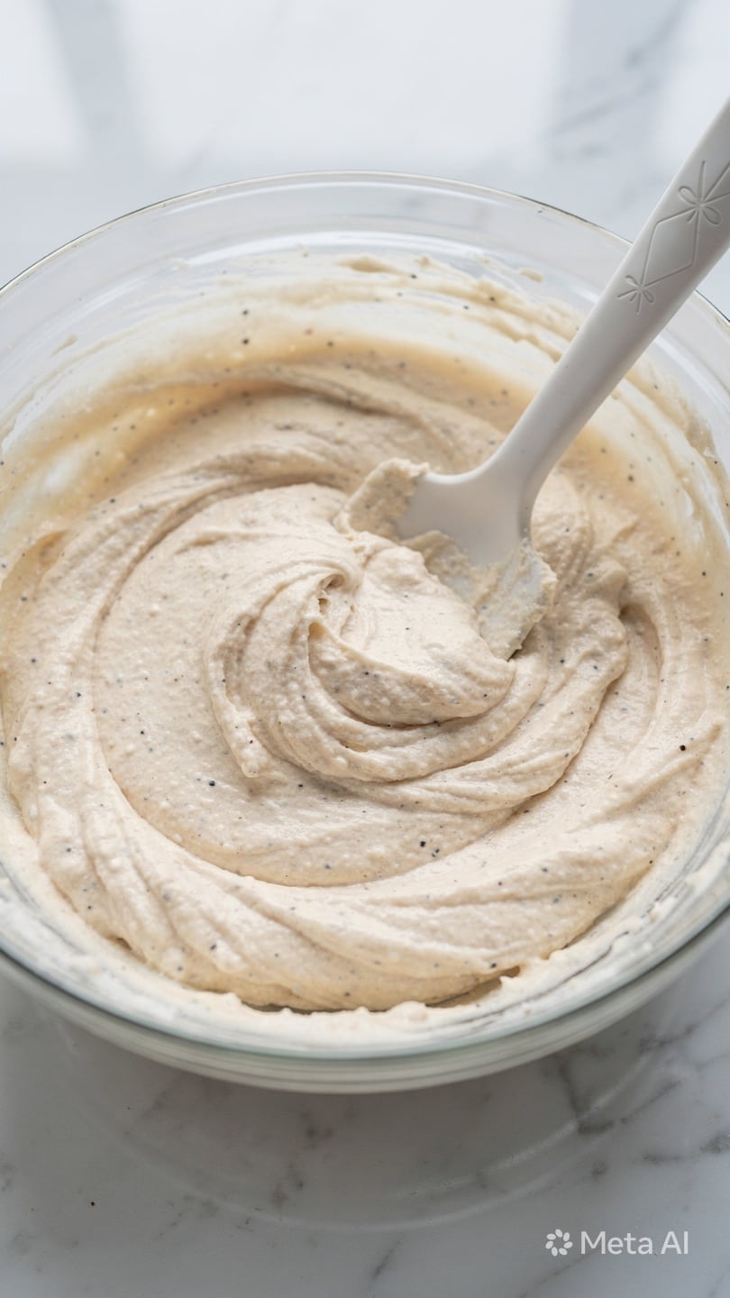 A clear glass bowl holds one thick, creamy mixture with a light beige color, showing small darker specks inside. The mixture has a smooth texture with swirls and peaks that look soft and a bit fluffy. A white mixing spoon with a simple pattern on its handle is resting in the bowl, slightly covered by the mixture. The scene sits on a white marbled surface, adding a clean and bright look to the image. photo taken with an iphone --ar 4:5 --v 7