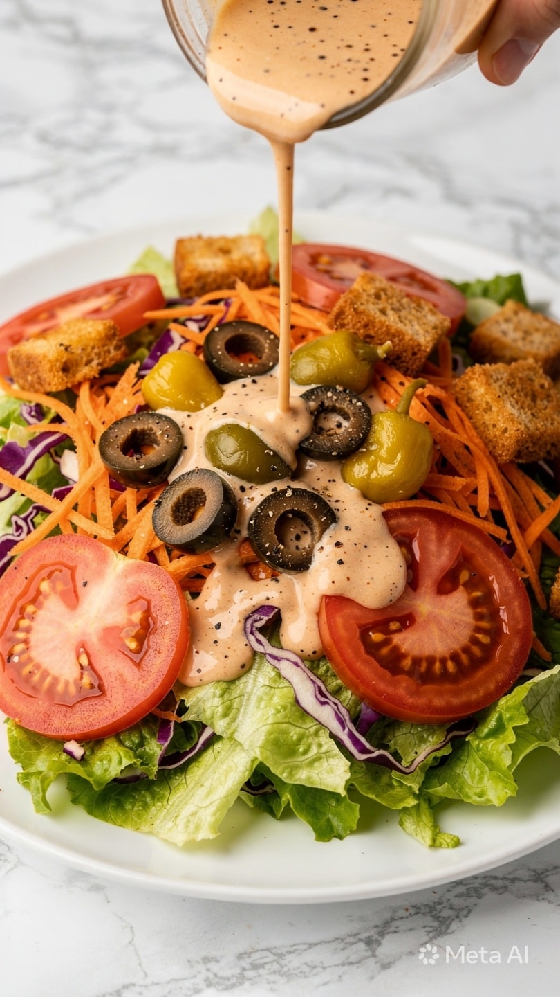 A close-up view of a fresh salad shows a white plate filled with multiple layers: a base of light green, crisp lettuce leaves with some shredded orange carrots and bits of purple cabbage scattered throughout, topped with round black olives and bright yellow-green pepperoncini peppers. Slices of red tomatoes with visible seeds rest on top, along with golden brown crunchy croutons. A creamy, light beige dressing sprinkled with black pepper is being poured over the salad from above, creating a smooth drizzle that connects the different layers. The scene is set against a background with a white marbled texture, with a woman's hand holding the dressing container just out of full view. photo taken with an iphone --ar 4:5 --v 7