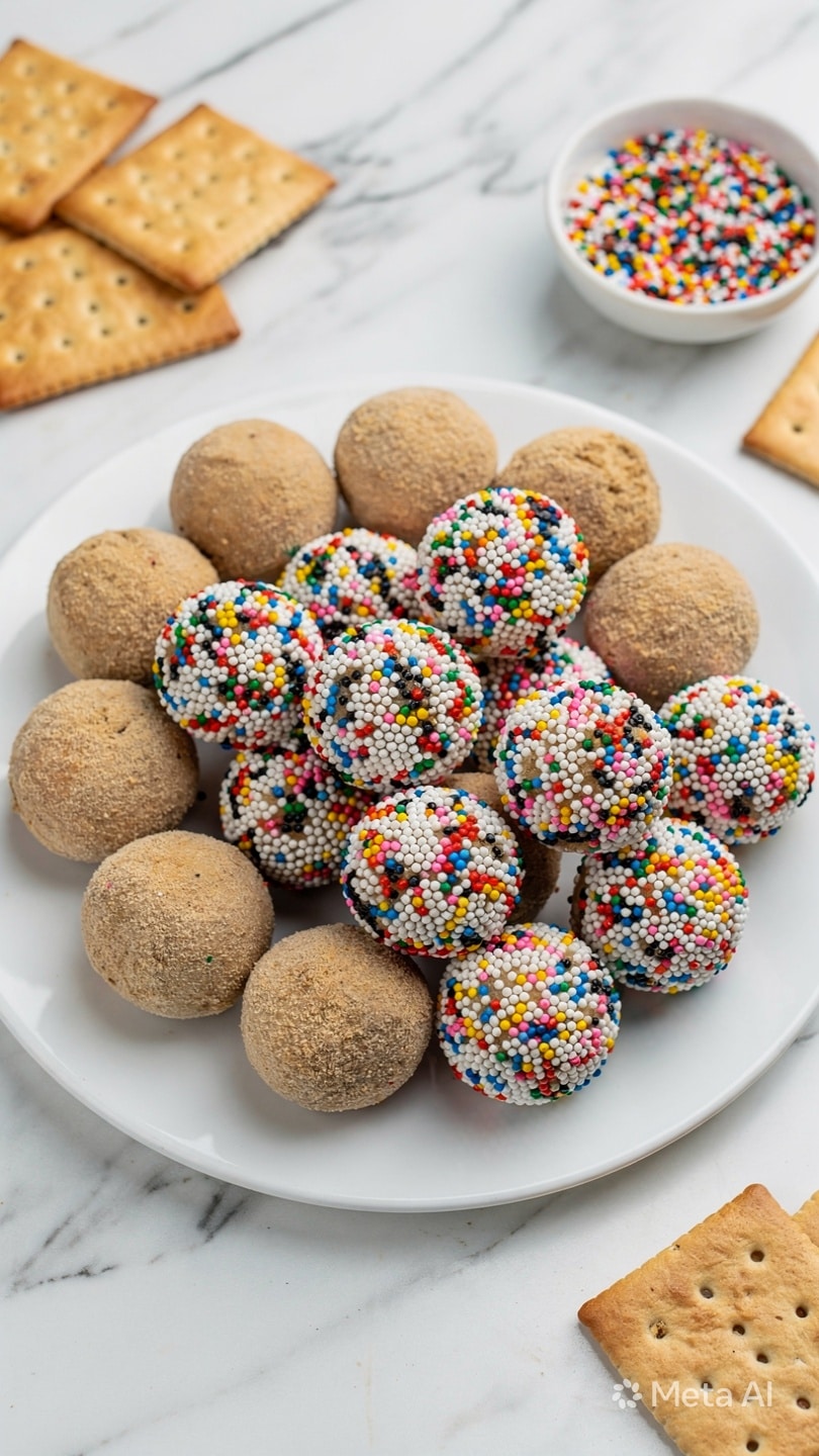 A white round plate holds two types of round balls, about 15 in total. One type is light brown with a rough texture, evenly spread around the plate. The other type is white and covered with tiny, round, and colorful sprinkles in red, blue, yellow, pink, green, and black, giving a bright and playful look. In the background and edges of the frame, there are light brown square crackers with small holes, and a small bowl with more colorful sprinkles sits nearby. The whole scene is set on a white marbled surface. photo taken with an iphone --ar 4:5 --v 7