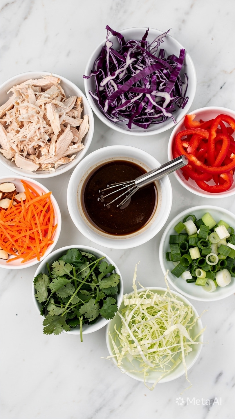 The image shows several small white bowls arranged on a white marbled surface, each filled with different colorful ingredients. There is shredded light beige chicken in one bowl, thinly sliced purple cabbage with white veins in another, and thin red bell pepper strips in a third bowl. A bowl in the center holds a dark brown sauce with a small whisk resting inside. Additional bowls contain sliced almonds, bright orange shredded carrots, fresh green cilantro leaves, finely chopped green onions, and shredded light green cabbage. The scene is bright and clean, with a focus on fresh and raw ingredients photo taken with an iphone --ar 4:5 --v 7