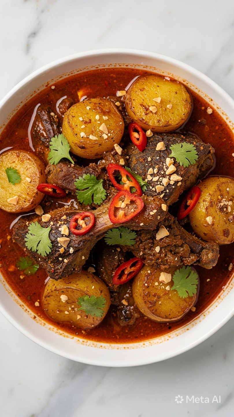 A white bowl is filled with a rich, reddish-brown stew that contains several large, tender pieces of dark meat layered with round, golden chunks of cooked potatoes. The surface has scattered bright green cilantro leaves and thin slices of red chili peppers, along with small, light-colored pieces of crushed nuts sprinkled evenly across the dish. The stew has a thick texture that surrounds the meat and potatoes, creating a warm and inviting look. The bowl sits on a white marbled surface. photo taken with an iphone --ar 4:5 --v 7